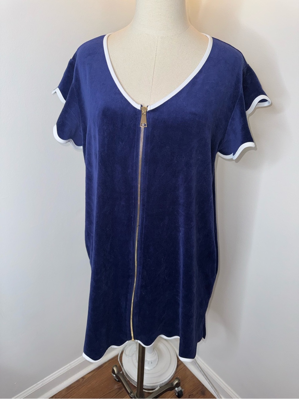 SSYS Women’s Large Navy Blue White Scalloped Get Ready Robe Terry Zip Up